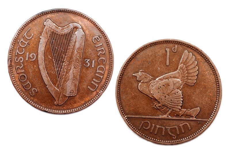 An Irish penny from 1931 that featured the harp symbol. (Getty Images)