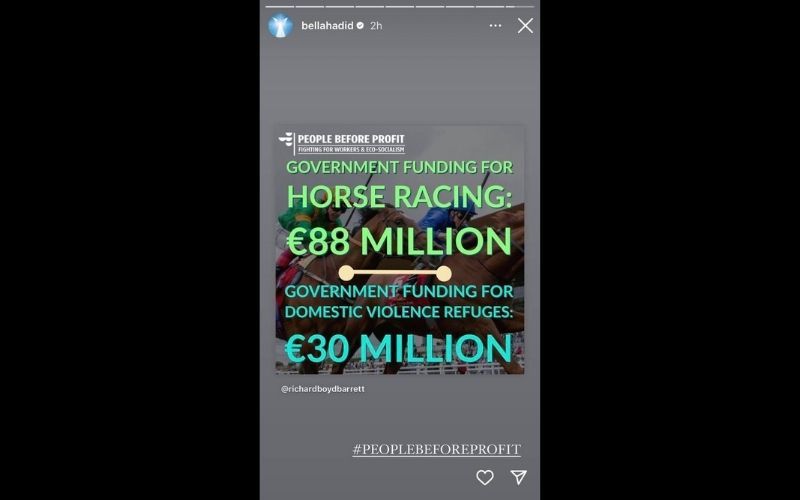 Bella Hadid shared Richard Boyd Barrett's January 18 Instagram post onto her stories on March 31. (@bellahadid, Instagram)
