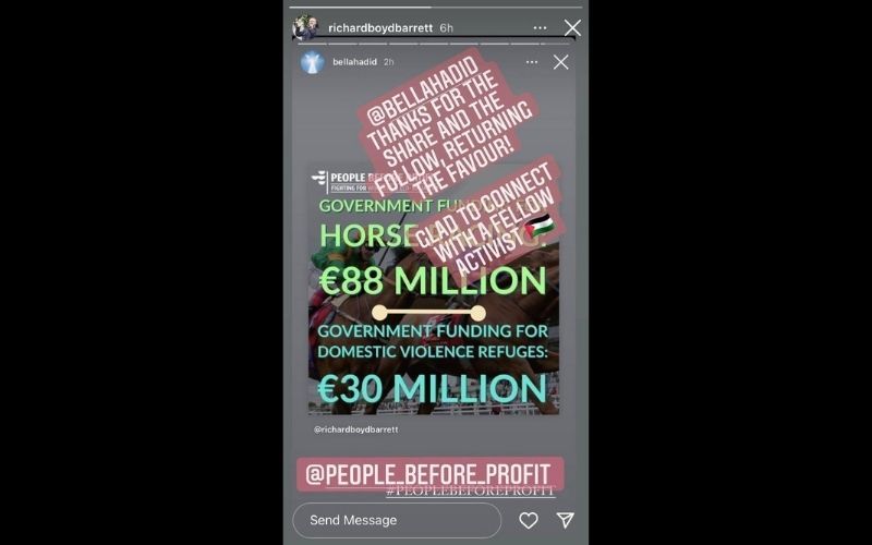 Richard Boyd Barrett reposted Bella Hadid's Instagram story, thanking her for sharing it. (@richardboydbarrett, Instagram