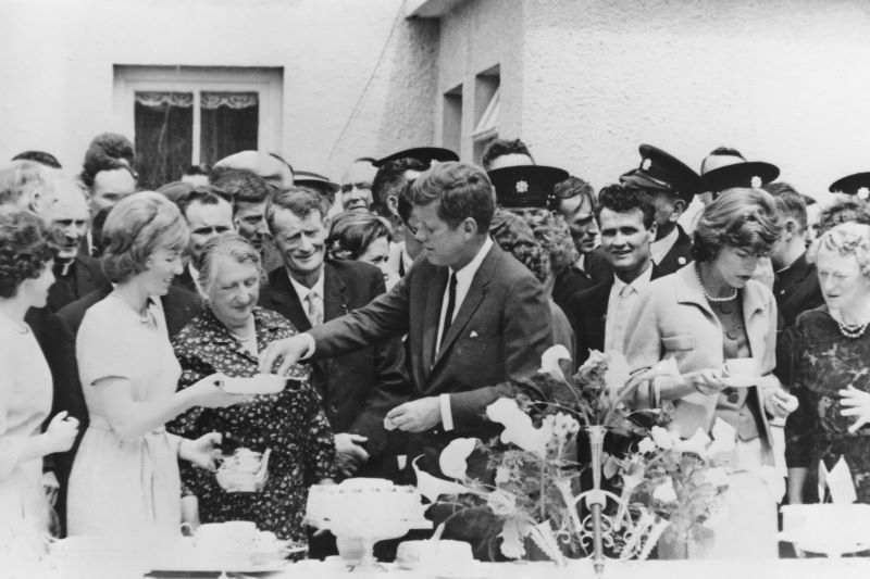 June 27, 1963: US President John F. Kennedy (1917 - 1963) attends a tea party in his ancestral town of Dunganstown, County Wexford. (Getty Images)
