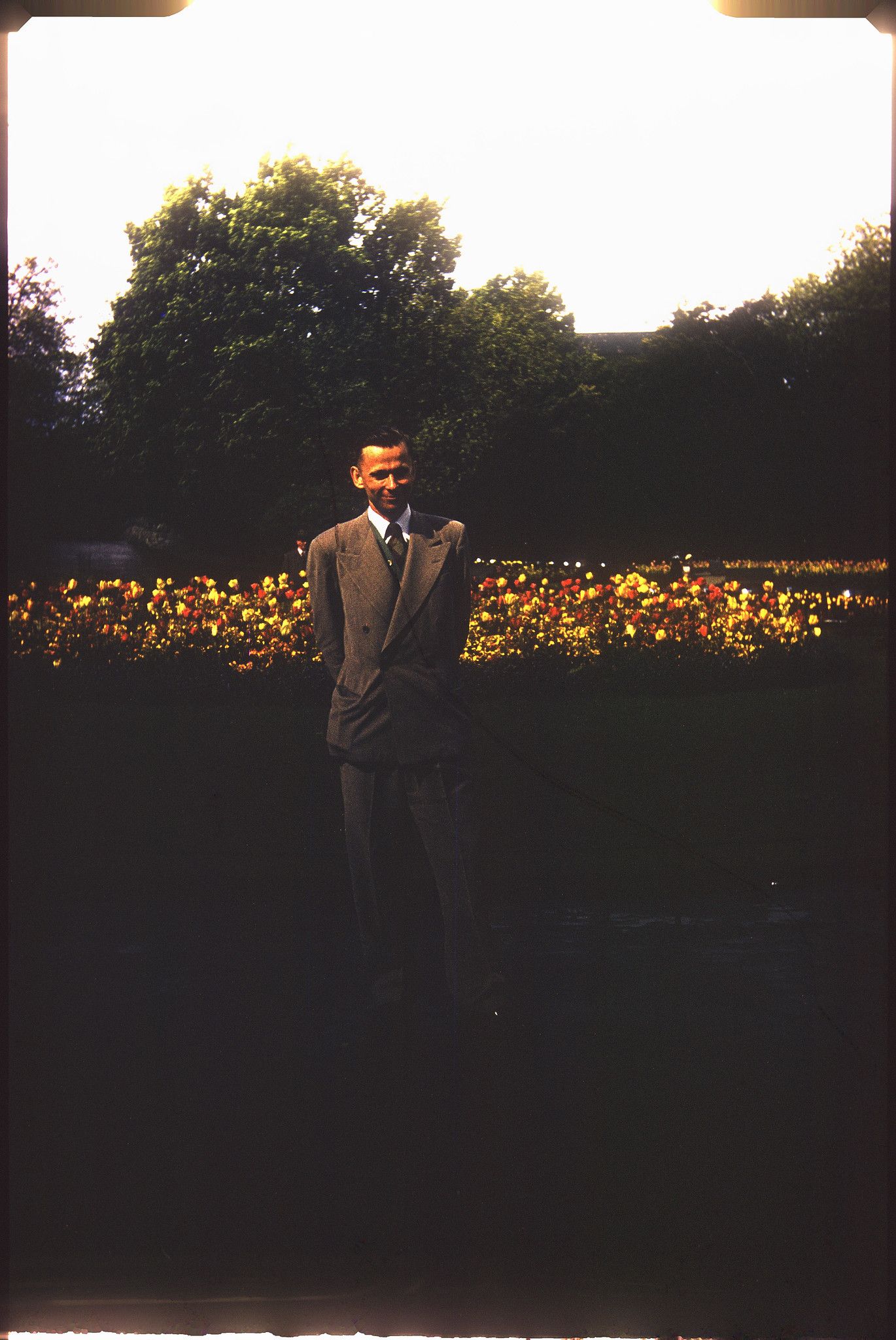 Marty Walsh, Taken in Saint Stephen's Green, Dublin. It was taken after a rain. My pockets full, May 16, 1953. Photo of Martin J. Walsh Jr, of Murdock Minnesota, Kodachrome slide, photographer unknown.