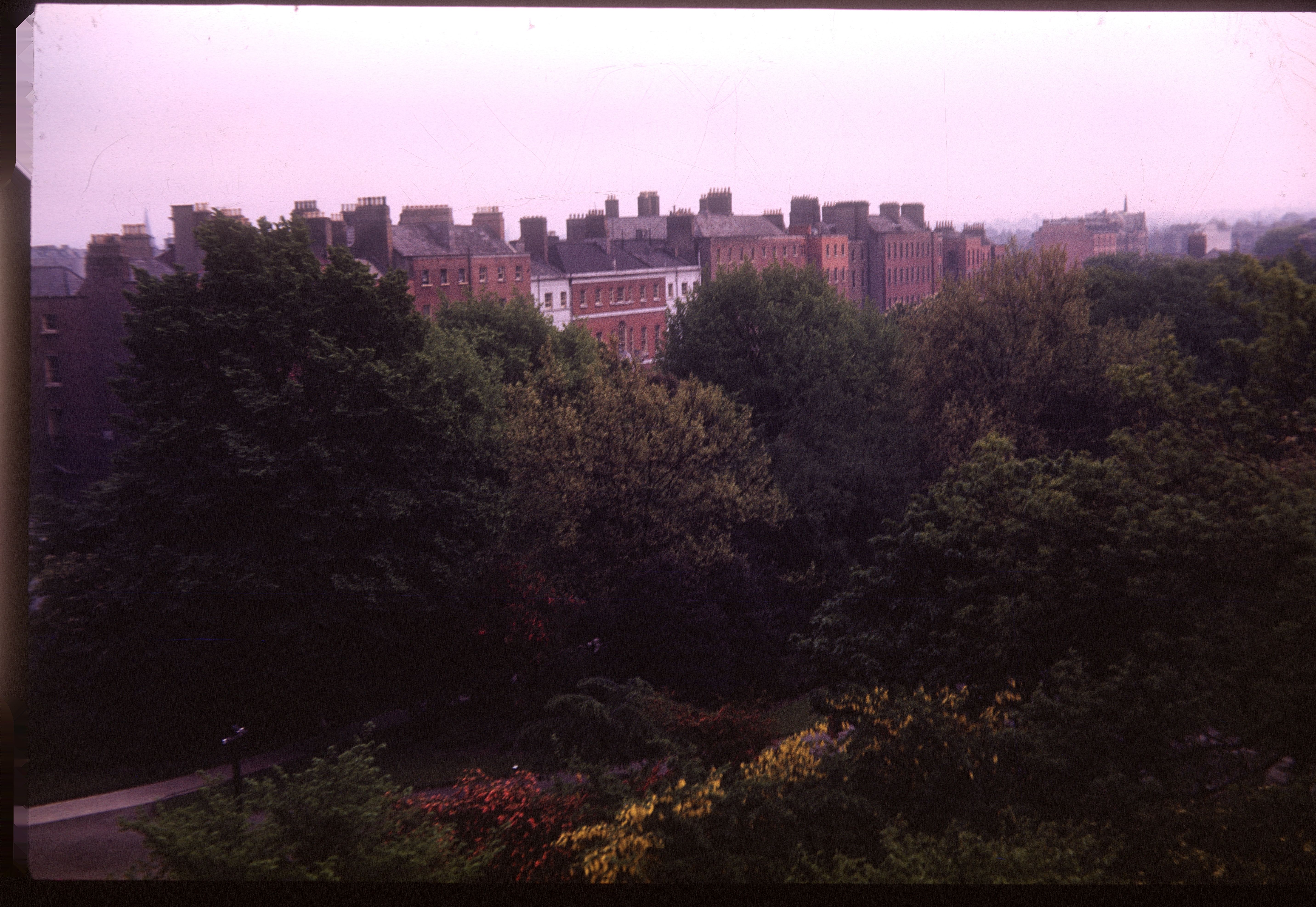 Dublin, Ireland. View from Hotel window. Hotel Shelbourne, overlooking St. Stephens Green. May 1953. Photo Martin J. Walsh Jr, of Murdock Minnesota, Kodachrome.