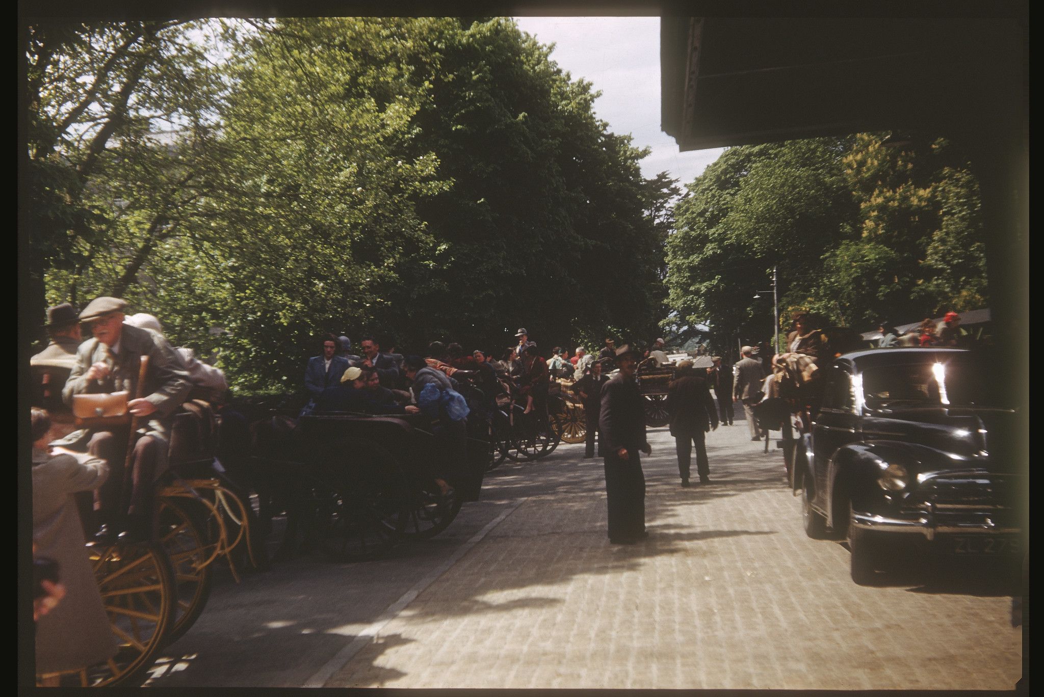 Killarney Railway Station, May 19, 1953, Jaunting Cars getting ready to drive three miles through the park. Photo by Martin J. Walsh Jr, of Murdock Minnesota, Kodachrome slide.