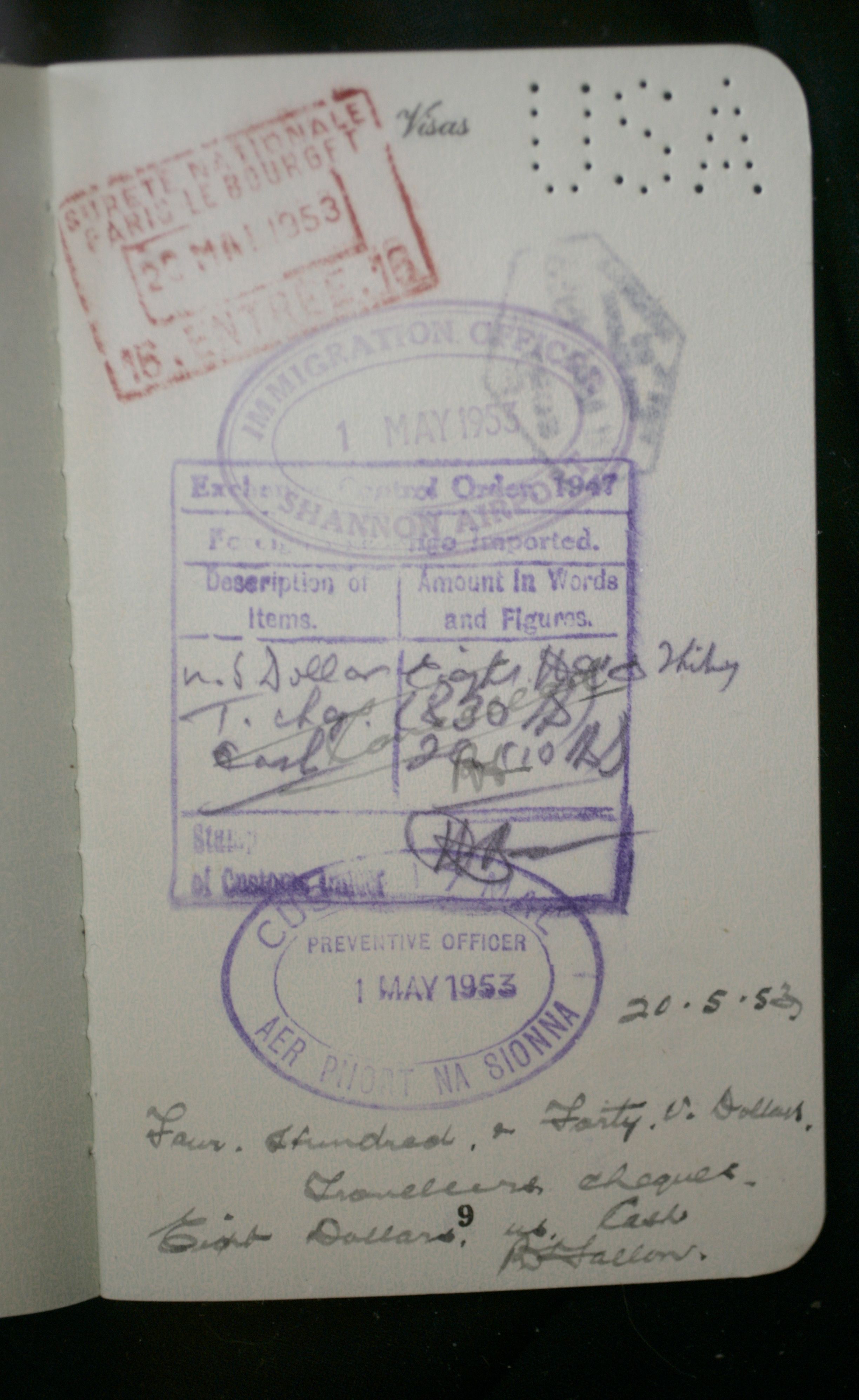 Immigration stamps US Passport of Martin J. Walsh Jr., 1953.