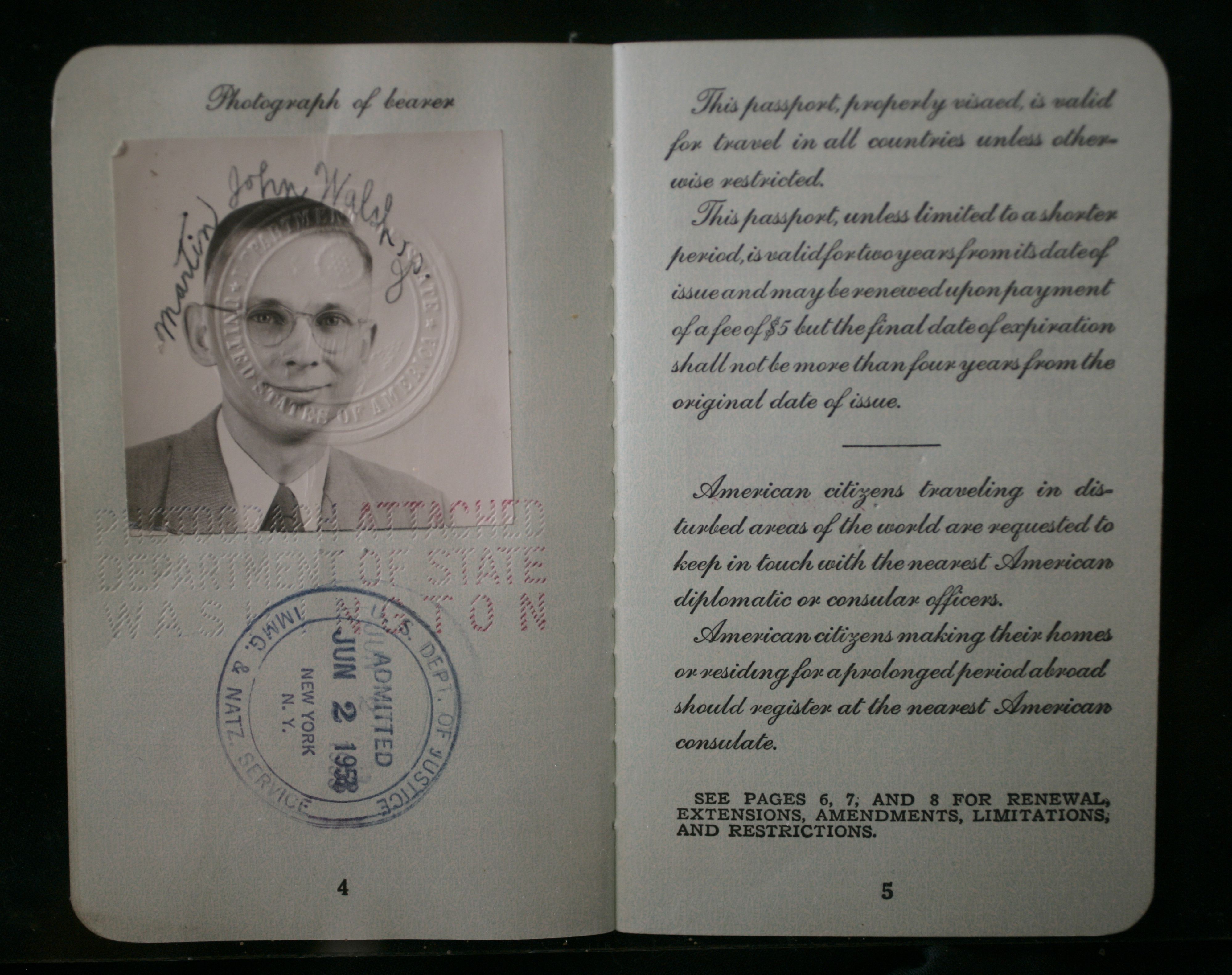 Passport photo page - US Passport of Martin J. Walsh Jr., of Murdock, Minnesota, 1953.