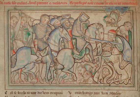 A battle illustrated in the Book of St. Albans. A battle illustrated in the Book of St. Albans.