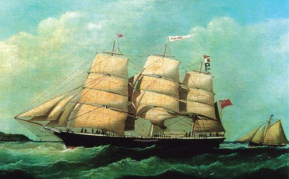 Minnehaha, the flagship of William McCorkell & Company, grain and emigration merchants of Derry. The McCorkell family commissioned oil paintings of many, but not all, ships that sailed under the McCorkell flag from 1834 to 1897. Marine artist, Joseph Joshua Sempill painted the Minnehaha – which between 1860-1873 crossed the Atlantic 55 times and carried 7,000 immigrants to New York – in its full glory as a passenger-carrying clipper, with three sets of full sails. Courtesy: John McCorkell