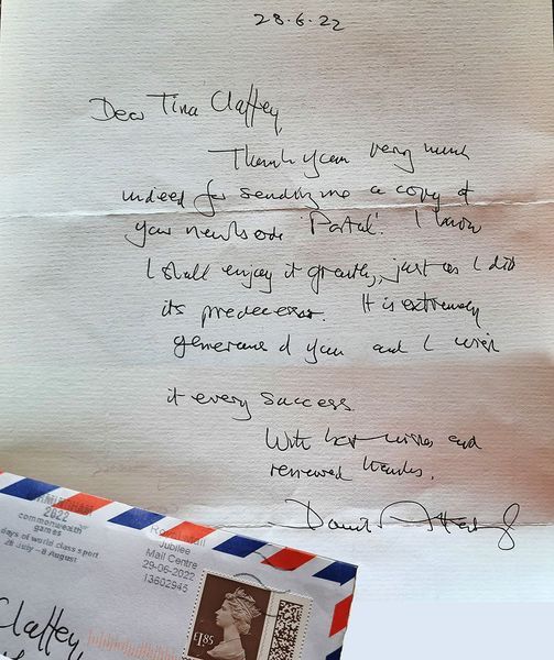 A letter from David Attenborough to Irish photographer Tina Claffey. A letter from David Attenborough to Irish photographer Tina Claffey.
