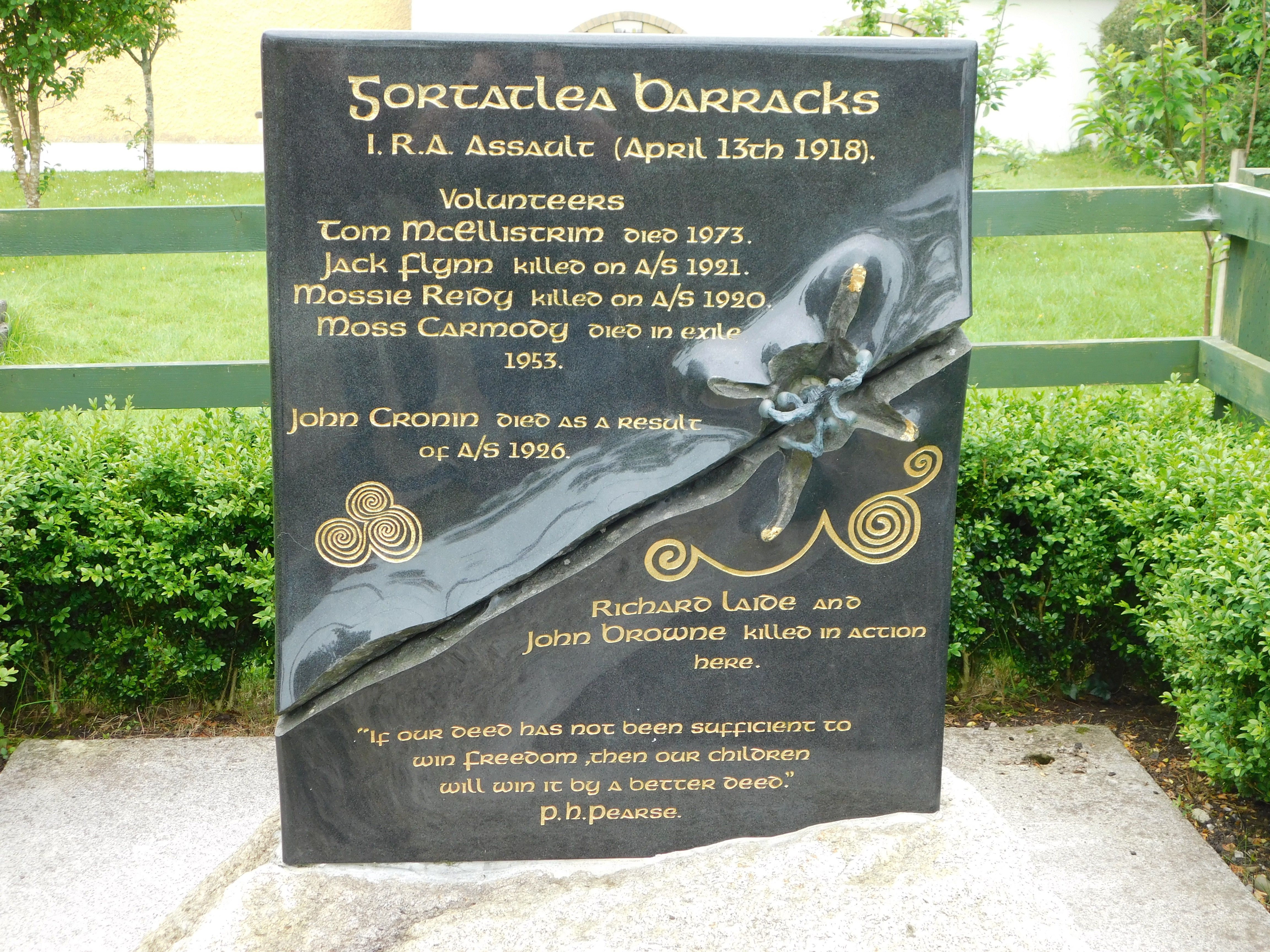 Monument in memory or Richard Laide and John Browne who were killed in an IRA raid in Gortatlea, Co. Kerry on April 13, 1918. A crowd of 6,000 attended their funerals in Tralee and both are buried in the Rath Cemetery. Monument in memory or Richard Laide and John Browne who were killed in an IRA raid in Gortatlea, Co. Kerry on April 13, 1918. A crowd of 6,000 attended their funerals in Tralee and both are buried in the Rath Cemetery.