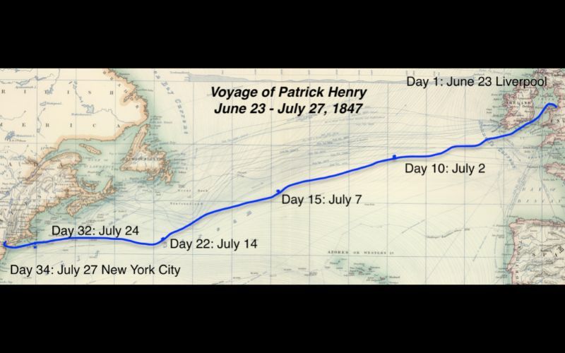 Voyage of the Patrick Henry, Author, 2022. From ‘Basin of the North Atlantic Ocean,’ 1879, Keith Johnston. (Public domain)