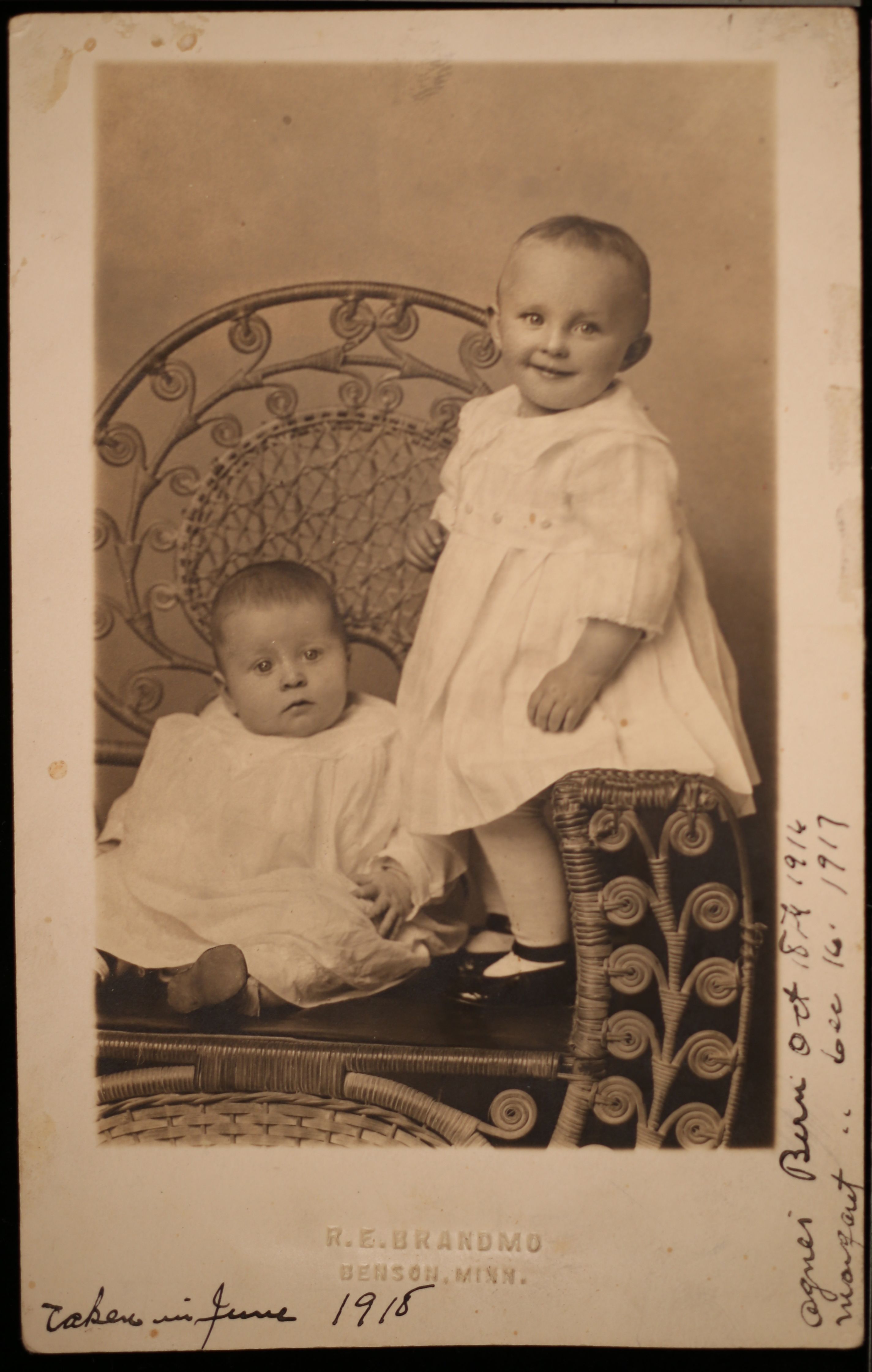 1918 Walsh girls, Murdock, Minnesota - Margaret Walsh, left, and her sister Agnes Walsh, post for formal portraits in Benson, Minnesota in June 1918. They are Jannet L. Walsh's aunts, her late father Martin J. Walsh Jr.'s sisters, not yet born at the time of this photograh. Their parents are Mary Jannet “Jennie” Foley Walsh and Martin J. Walsh Sr. 1918 Walsh girls, Murdock, Minnesota - Margaret Walsh, left, and her sister Agnes Walsh, post for formal portraits in Benson, Minnesota in June 1918. They are Jannet L. Walsh's aunts, her late father Martin J. Walsh Jr.'s sisters, not yet born at the time of this photograh. Their parents are Mary Jannet “Jennie” Foley Walsh and Martin J. Walsh Sr.