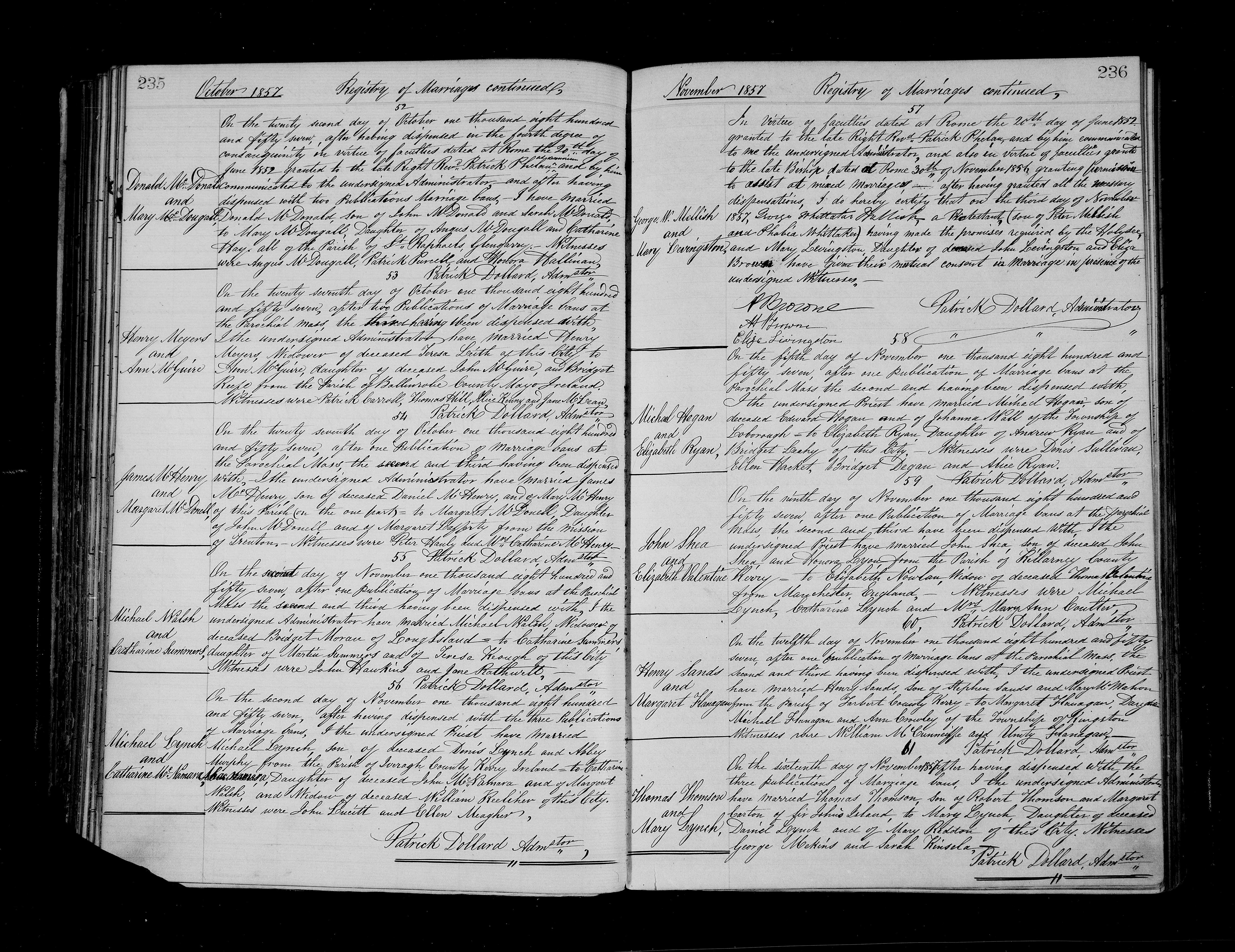 Full view of record book, second record from bottom on left side – Marriage record of Michael Walsh Sr. and Catherine Summers, St. Mary’s Cathedral, Kingston, Ontario. (Source: FamilySearch.) Full view of record book, second record from bottom on left side – Marriage record of Michael Walsh Sr. and Catherine Summers, St. Mary’s Cathedral, Kingston, Ontario. (Source: FamilySearch.)