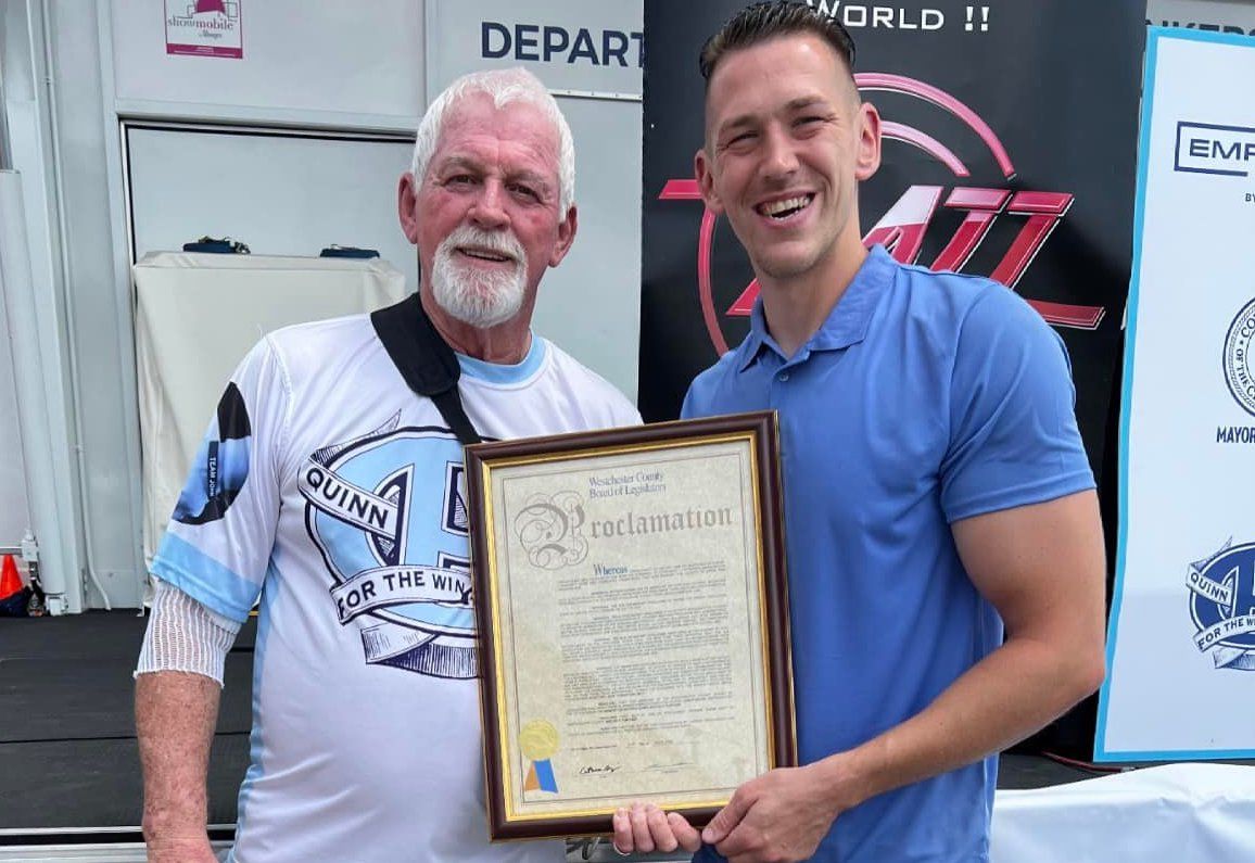 Westchester County Legislator James Nolan presents a proclamation to Patrick Quinn Senior. Westchester County Legislator James Nolan presents a proclamation to Patrick Quinn Senior.