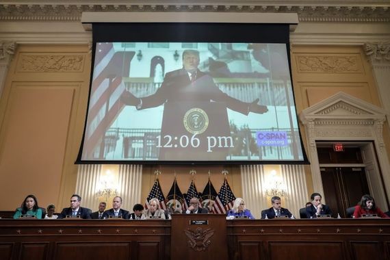 June 9, 2022: Former US President Donald Trump is displayed on a screen during a hearing by the Select Committee to Investigate the January 6th Attack on the US Capitol in Washington, DC. (Getty Images) June 9, 2022: Former US President Donald Trump is displayed on a screen during a hearing by the Select Committee to Investigate the January 6th Attack on the US Capitol in Washington, DC. (Getty Images)