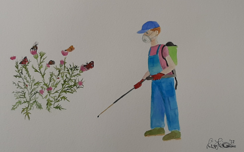 "Where will they go? (The moment everything changed)" Lisa's illustration of Gearóid and the butterflies the day he intended to spray weedkiller on nettles. Credit: Lisa Fingleton "Where will they go? (The moment everything changed)" Lisa's illustration of Gearóid and the butterflies the day he intended to spray weedkiller on nettles. Credit: Lisa Fingleton