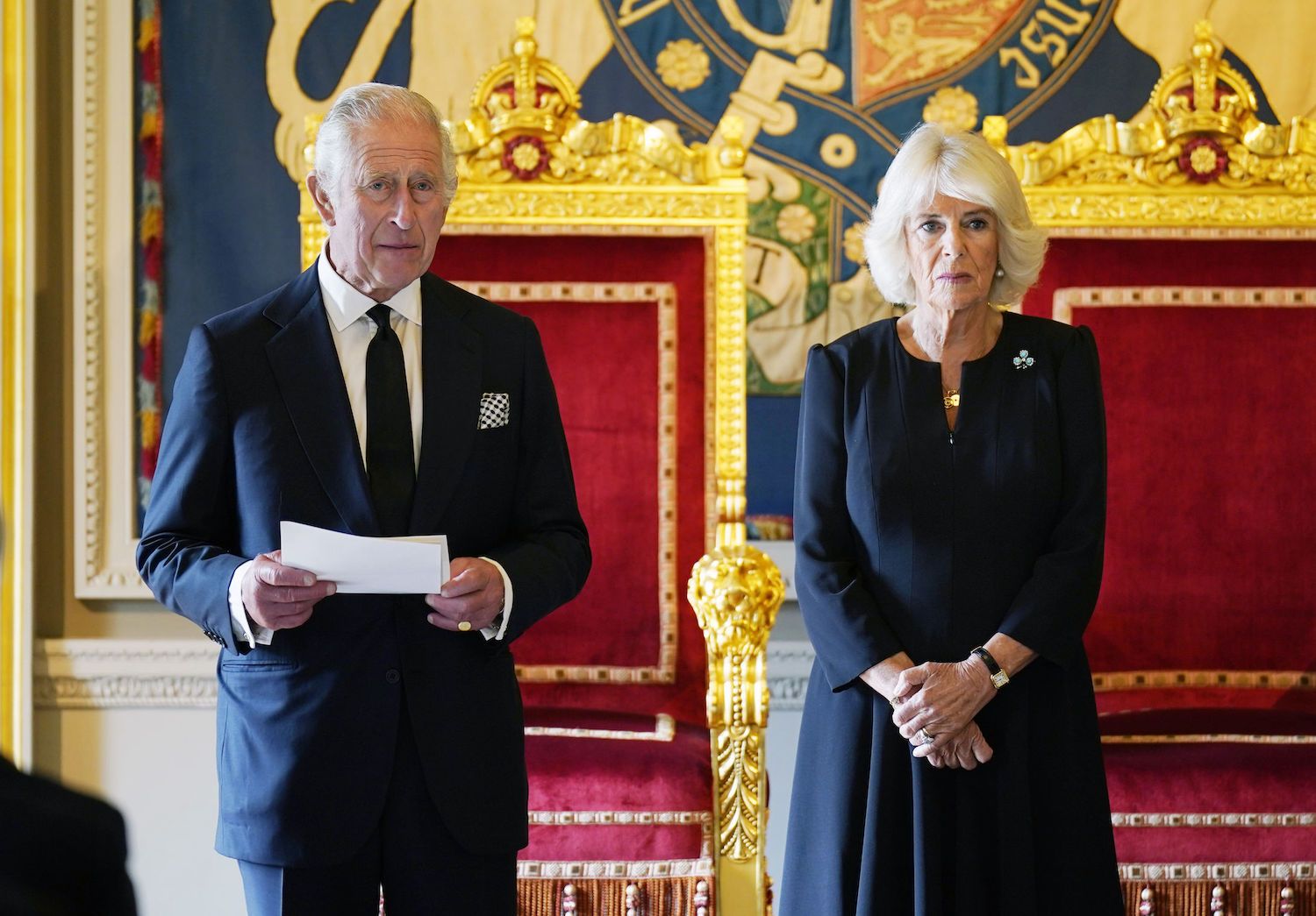 King Charles III and Camilla, Queen Consort receive a Message of Condolence by the Speaker of the Northern Ireland Assembly at Hillsborough Castle. King Charles III and Camilla, Queen Consort receive a Message of Condolence by the Speaker of the Northern Ireland Assembly at Hillsborough Castle.