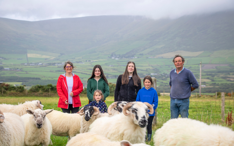 Sharon O'Sullivan (Left) and Pádraig O'Dowd with their family on their sheep farm in Kinard, Dingle Peninsula. Credit: Mossy Donegan Sharon O'Sullivan (Left) and Pádraig O'Dowd with their family on their sheep farm in Kinard, Dingle Peninsula. Credit: Mossy Donegan