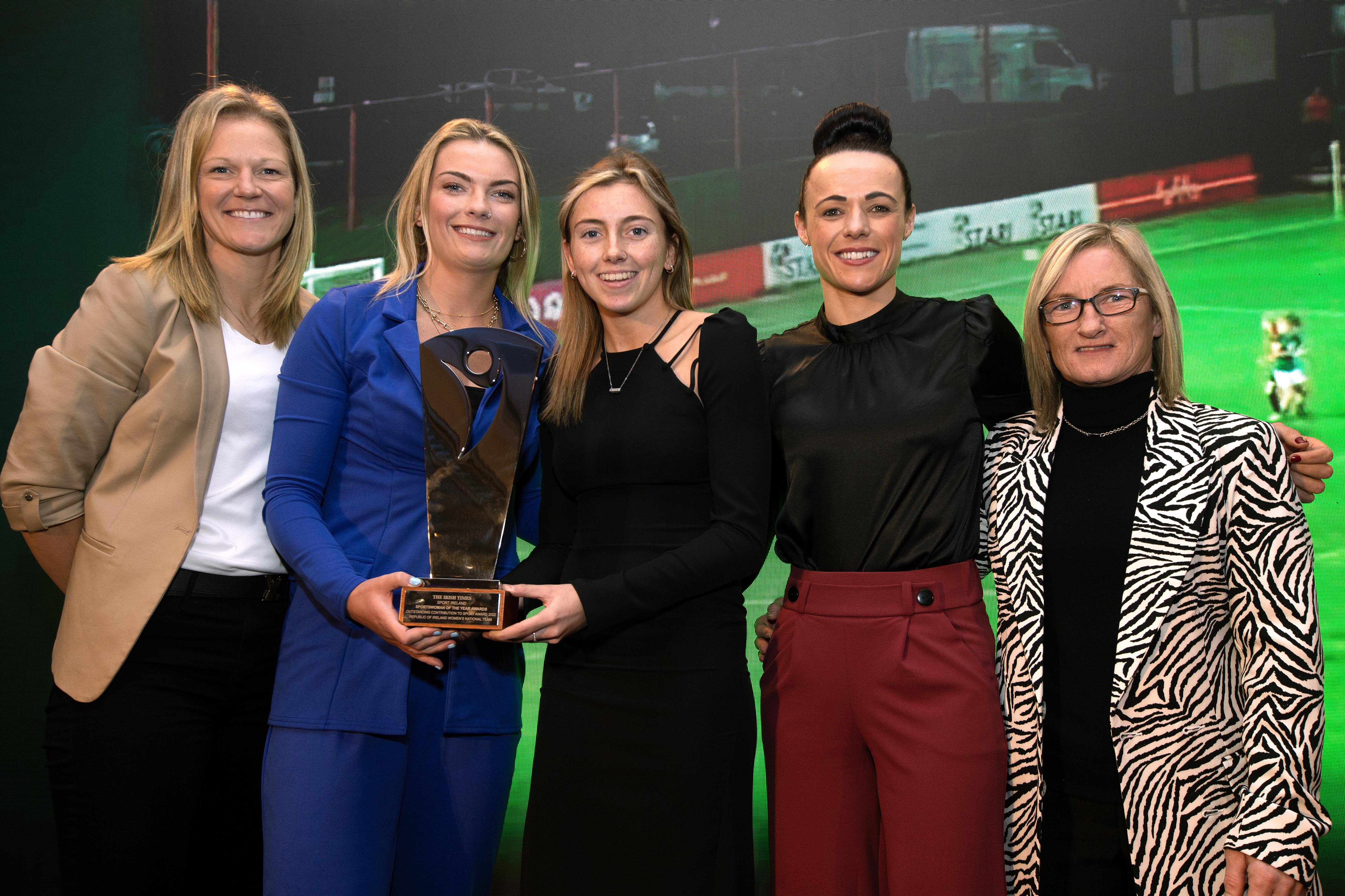 Members of Ireland's national women's soccer team accepting their Outstanding Achievement Award. Members of Ireland's national women's soccer team accepting their Outstanding Achievement Award.