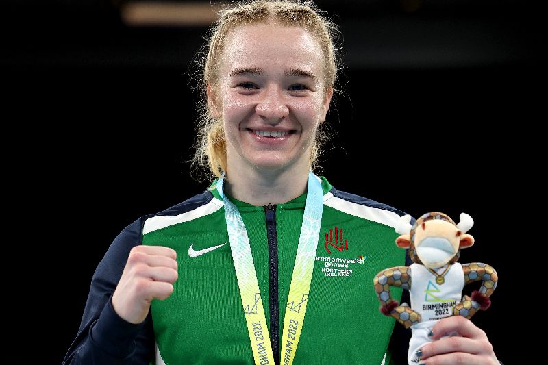 August 7, 2022: Gold medalist Amy Sara Broadhurst of Team Northern Ireland celebrates during the Women's Boxing Over 57kg-60kg (Lightweight) medal ceremony on day ten of the Birmingham 2022 Commonwealth Games at NEC Arena on the Birmingham, England. (Getty Images) August 7, 2022: Gold medalist Amy Sara Broadhurst of Team Northern Ireland celebrates during the Women's Boxing Over 57kg-60kg (Lightweight) medal ceremony on day ten of the Birmingham 2022 Commonwealth Games at NEC Arena on the Birmingham, England. (Getty Images)