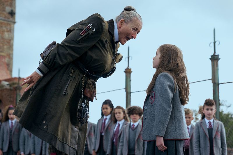 mma Thompson as Agatha Trunchbull, Alisha Weir as Matilda in "Roald Dahl's Matilda the Musical." (Dan Smith / Netflix) mma Thompson as Agatha Trunchbull, Alisha Weir as Matilda in "Roald Dahl's Matilda the Musical." (Dan Smith / Netflix)
