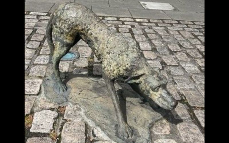 A dog stalks the group of people, ready for the man to drop the dead child. Rowan Gillespie's Famine sculpture at the quays in Dublin. A dog stalks the group of people, ready for the man to drop the dead child. Rowan Gillespie's Famine sculpture at the quays in Dublin.