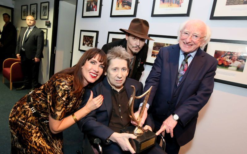 Victoria Mary Clarke, Shane MacGowan, Johnny Depp and President Michael D. Higgins at the special gig to celebrate Shane’s 60th birthday