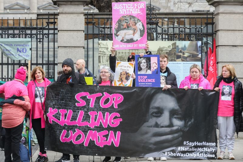 February 1, 2023: People calling for justice for Natalie McNally at the gates of the Dáil at a rally to call on the Government to take action in addressing violence against women in Ireland. (RollingNews.ie) February 1, 2023: People calling for justice for Natalie McNally at the gates of the Dáil at a rally to call on the Government to take action in addressing violence against women in Ireland. (RollingNews.ie)