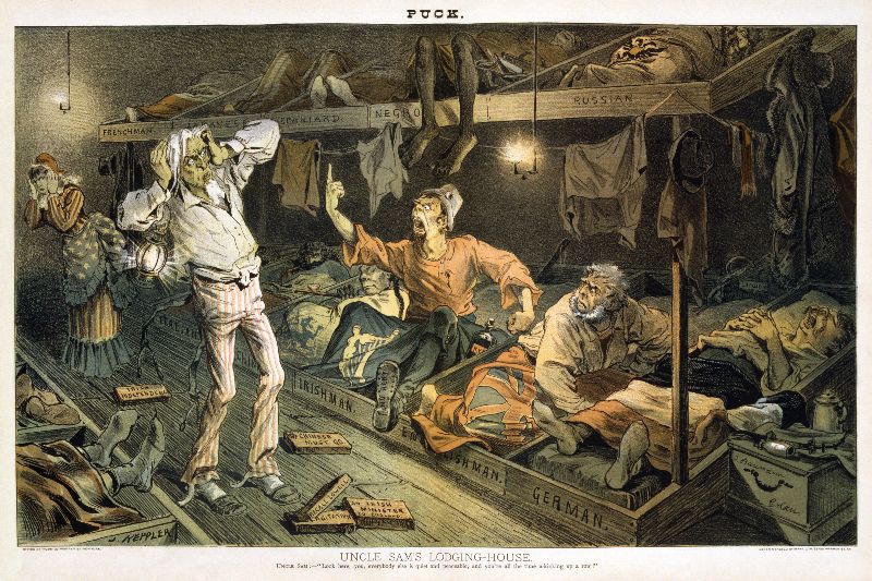 "Uncle Sam's lodging-house," an anti-Irish immigrant US cartoon by Joseph Keppler, 1882. (US Library of Congress) "Uncle Sam's lodging-house," an anti-Irish immigrant US cartoon by Joseph Keppler, 1882. (US Library of Congress)