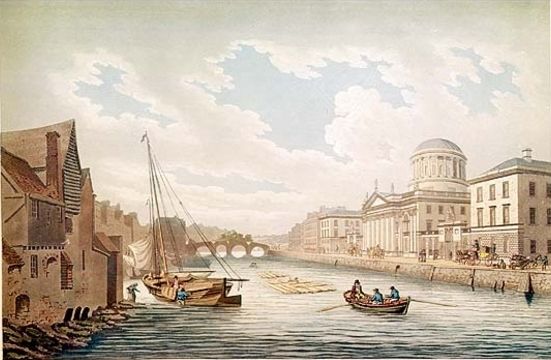 Four Courts and river Liffey, Dublin 1799. Image Credits: James Malton via Wikimedia Commons.