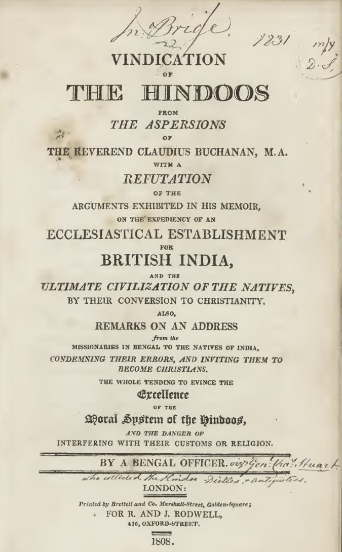 Vindication of Hindoos book by Charles Stuart. Image Credits: Wikimedia Commons.