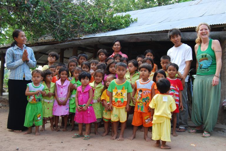 Shamrock Love founder and organizer of the 3 Legged Charity Race, Siobhán Kelleher-Petersen (far right) with teachers and children at one of CCAFO’s preschools. Kampot province, Cambodia (April 2010). Shamrock Love founder and organizer of the 3 Legged Charity Race, Siobhán Kelleher-Petersen (far right) with teachers and children at one of CCAFO’s preschools. Kampot province, Cambodia (April 2010).