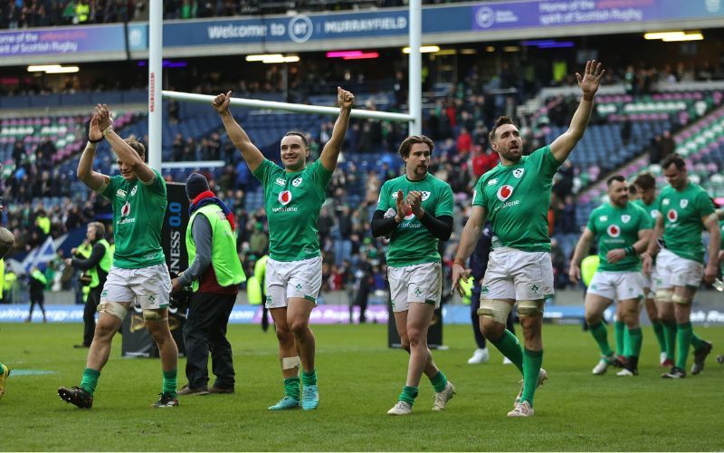 March 12, 2023: Players of Ireland celebrate their side's victory after the Six Nations Rugby match between Scotland and Ireland at Murrayfield Stadium in Edinburgh, Scotland. (Getty Images) March 12, 2023: Players of Ireland celebrate their side's victory after the Six Nations Rugby match between Scotland and Ireland at Murrayfield Stadium in Edinburgh, Scotland. (Getty Images)