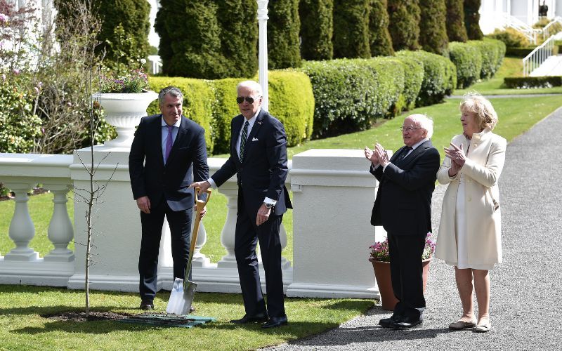 Biden poses after symbolically planting an oak tree at Áras an Uachtaráin. Getty
