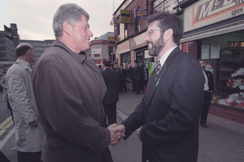 November 30, 1995: President Bill Clinton greets Gerry Adams on the Falls Road in West Belfast. (Public Domain / Clinton Presidential Library) November 30, 1995: President Bill Clinton greets Gerry Adams on the Falls Road in West Belfast. (Public Domain / Clinton Presidential Library)