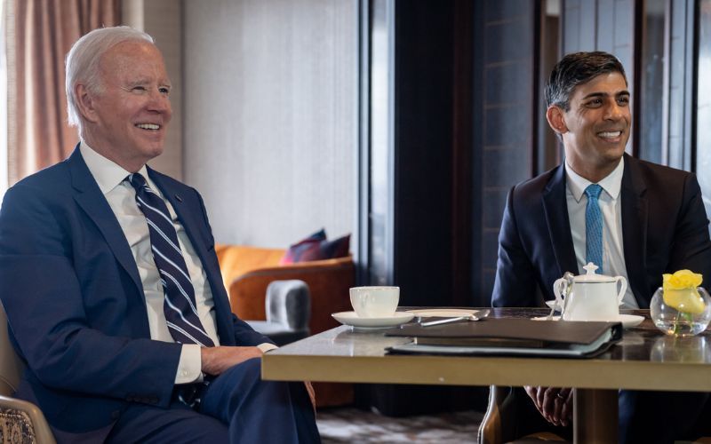 April 12, 2023: US President Joe Biden meets UK Prime Minister Rishi Sunak President Joe Biden meets with U.K. Prime Minister Rishi Sunak, Tuesday, April 12, 2023, at the Grand Central Hotel Belfast in Northern Ireland. (Official White House Photo by Adam Schultz) April 12, 2023: US President Joe Biden meets UK Prime Minister Rishi Sunak President Joe Biden meets with U.K. Prime Minister Rishi Sunak, Tuesday, April 12, 2023, at the Grand Central Hotel Belfast in Northern Ireland. (Official White House Photo by Adam Schultz)