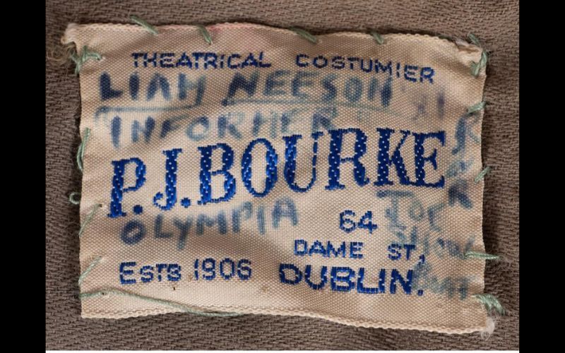 The jacket with PJ Bourke Theatrical Costumier labels inscribed 'Liam Neeson, The Informer, Olympia Theatre.' (Whyte's) The jacket with PJ Bourke Theatrical Costumier labels inscribed 'Liam Neeson, The Informer, Olympia Theatre.' (Whyte's)