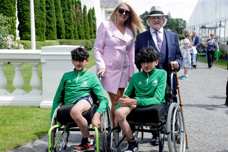 June 24, 2023: Hassan and Hussein Benhaffaf with their mother Angie and President of Ireland Michael D. Higgins at Áras an Uachtaráin for the Family Day garden party. (President of Ireland) June 24, 2023: Hassan and Hussein Benhaffaf with their mother Angie and President of Ireland Michael D. Higgins at Áras an Uachtaráin for the Family Day garden party. (President of Ireland)