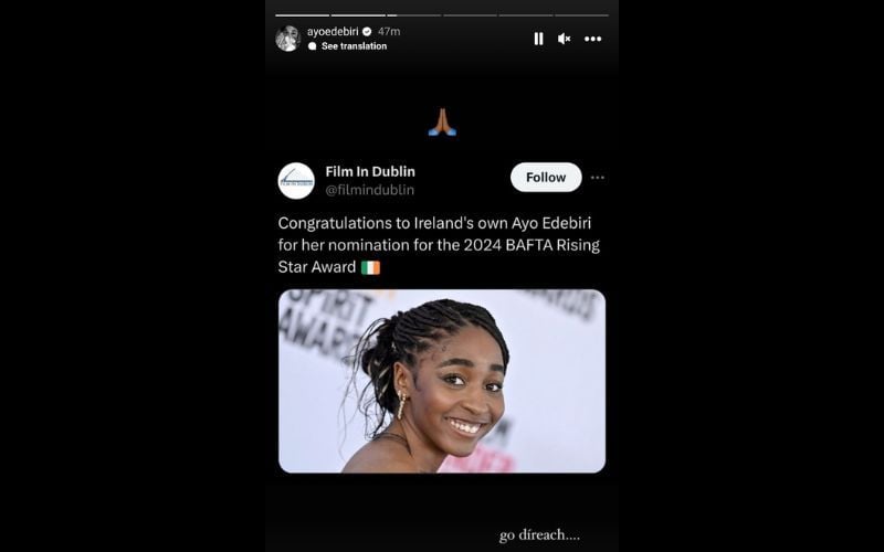 Ayo Edebiri responded to Film in Dublin's post on Instagram.