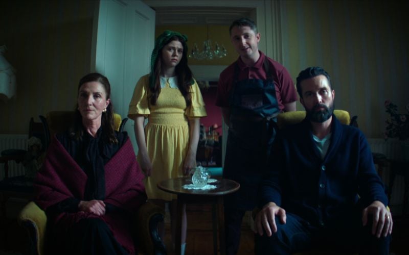 Michelle Fairely as Margo, Matilda Freeman as Maria, Ryan McParland as Feargal, and Emmett J. Scanlan as Owen O'Neil in "How to Get to Heaven from Belfast." (Netflix) Michelle Fairely as Margo, Matilda Freeman as Maria, Ryan McParland as Feargal, and Emmett J. Scanlan as Owen O'Neil in "How to Get to Heaven from Belfast." (Netflix)