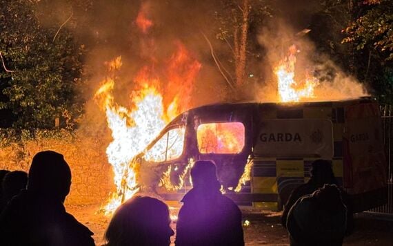 A Garda van set alight on Garter Lane near Citywest. A Garda van set alight on Garter Lane near Citywest.