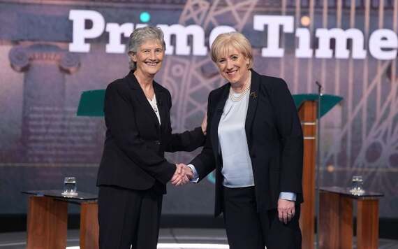 Presidential candidates Catherine Connolly and Heather Humphreys on RTE's "Prime Time". (RollingNews.ie)