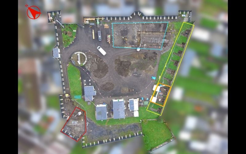 Tuam site, photo taken September 19, 2025. Red arrow shows North. (ODAIT) Tuam site, photo taken September 19, 2025. Red arrow shows North. (ODAIT)