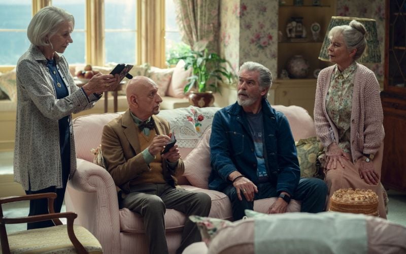 Helen Mirren, Sir Ben Kingsley, Pierce Brosnan, and Celia Imrie in "The Thursday Murder Club." (Giles Keyte / Netflix) Helen Mirren, Sir Ben Kingsley, Pierce Brosnan, and Celia Imrie in "The Thursday Murder Club." (Giles Keyte / Netflix)