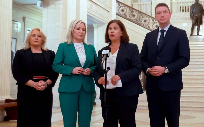 July 8, 2024: Sinn Féin's Pat Cullen, Michelle O'Neill, Mary Lou McDonald, and John Finucane at Stormont. (Getty Images) July 8, 2024: Sinn Féin's Pat Cullen, Michelle O'Neill, Mary Lou McDonald, and John Finucane at Stormont. (Getty Images)