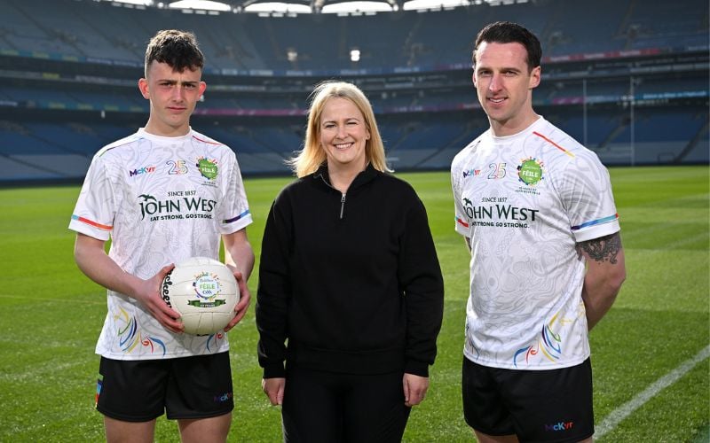Féile veteran and John West Féile 2025 Ambassador, inter-county Gaelic football star Niall Morgan, Tyrone, with Whitehall Colmcille’s player Cian Raftery and his mother Michelle Raftery at Croke Park in advance of the John West Féile 2025 finals. (David Fitzgerald / Sportsfile) Féile veteran and John West Féile 2025 Ambassador, inter-county Gaelic football star Niall Morgan, Tyrone, with Whitehall Colmcille’s player Cian Raftery and his mother Michelle Raftery at Croke Park in advance of the John West Féile 2025 finals. (David Fitzgerald / Sportsfile)