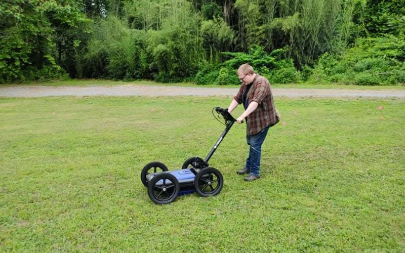 The research team's Ground Penetrating Radar expert, Matt Peace, working at Northwood Cemetery. The research team's Ground Penetrating Radar expert, Matt Peace, working at Northwood Cemetery.