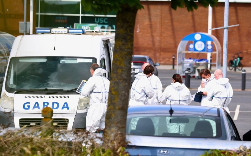 June 2, 2025: Gardai at Fairgreen Shopping Centre in Co Carlow the day after the fatal firearms incident. (RollingNews.ie) June 2, 2025: Gardai at Fairgreen Shopping Centre in Co Carlow the day after the fatal firearms incident. (RollingNews.ie)