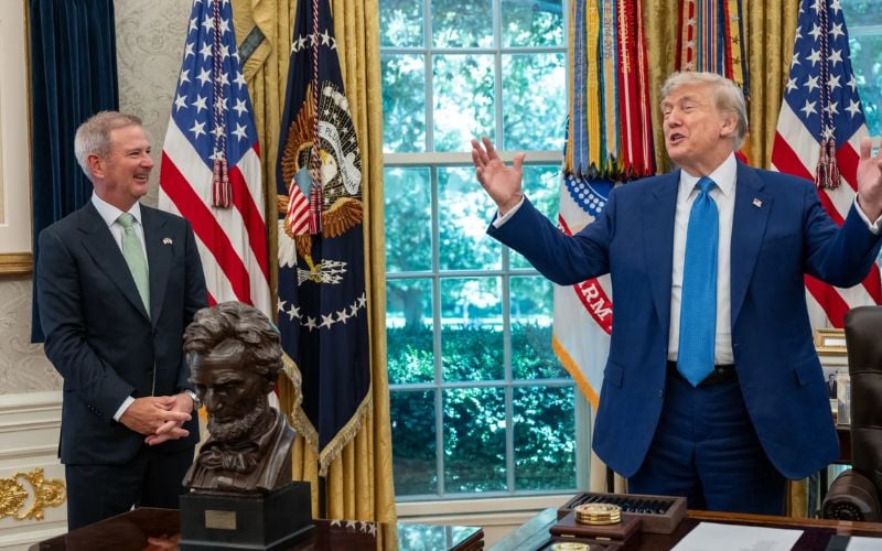 June 19, 2025: Ambassador-Designate Edward Walsh and US President Donald Trump in the Oval Office of the White House after Walsh was sworn in. (White House) June 19, 2025: Ambassador-Designate Edward Walsh and US President Donald Trump in the Oval Office of the White House after Walsh was sworn in. (White House)