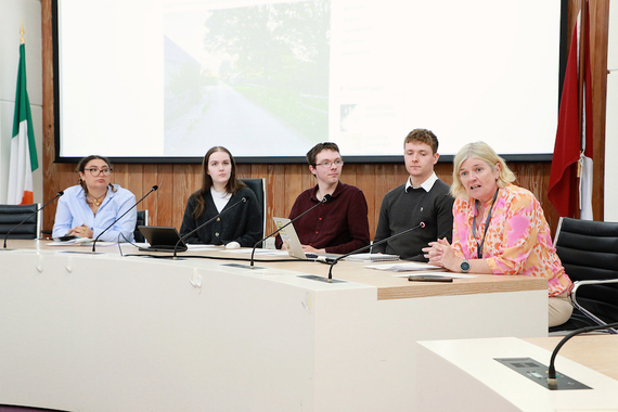 Marie Mannion, Heritage Officer of Galway County Council, pictured with University of Galway students Giada Solito, Laura Daly, Liam Flaherty, and Carlos Grace at the launch of a new digital StoryMap project in Áras an Chontae. Credit Seán Lydon.