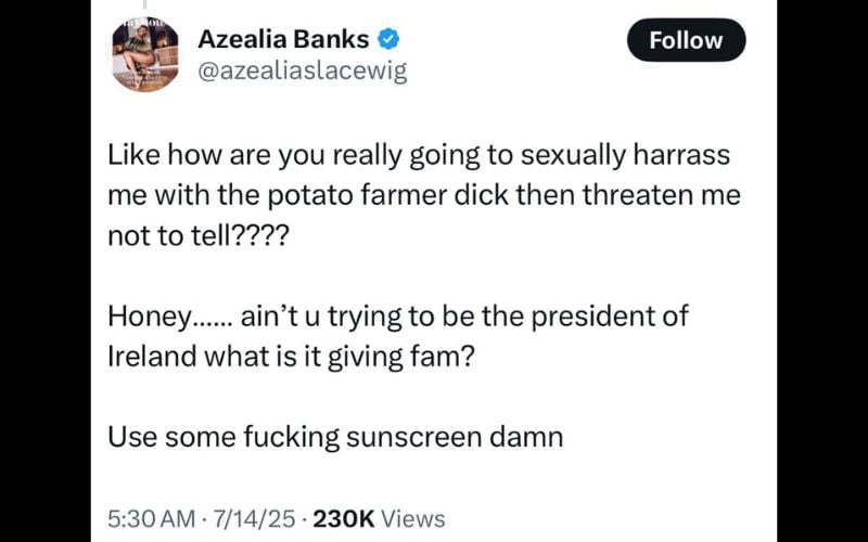 Azealia Banks' post on X from Monday, July 14. Azealia Banks' post on X from Monday, July 14.